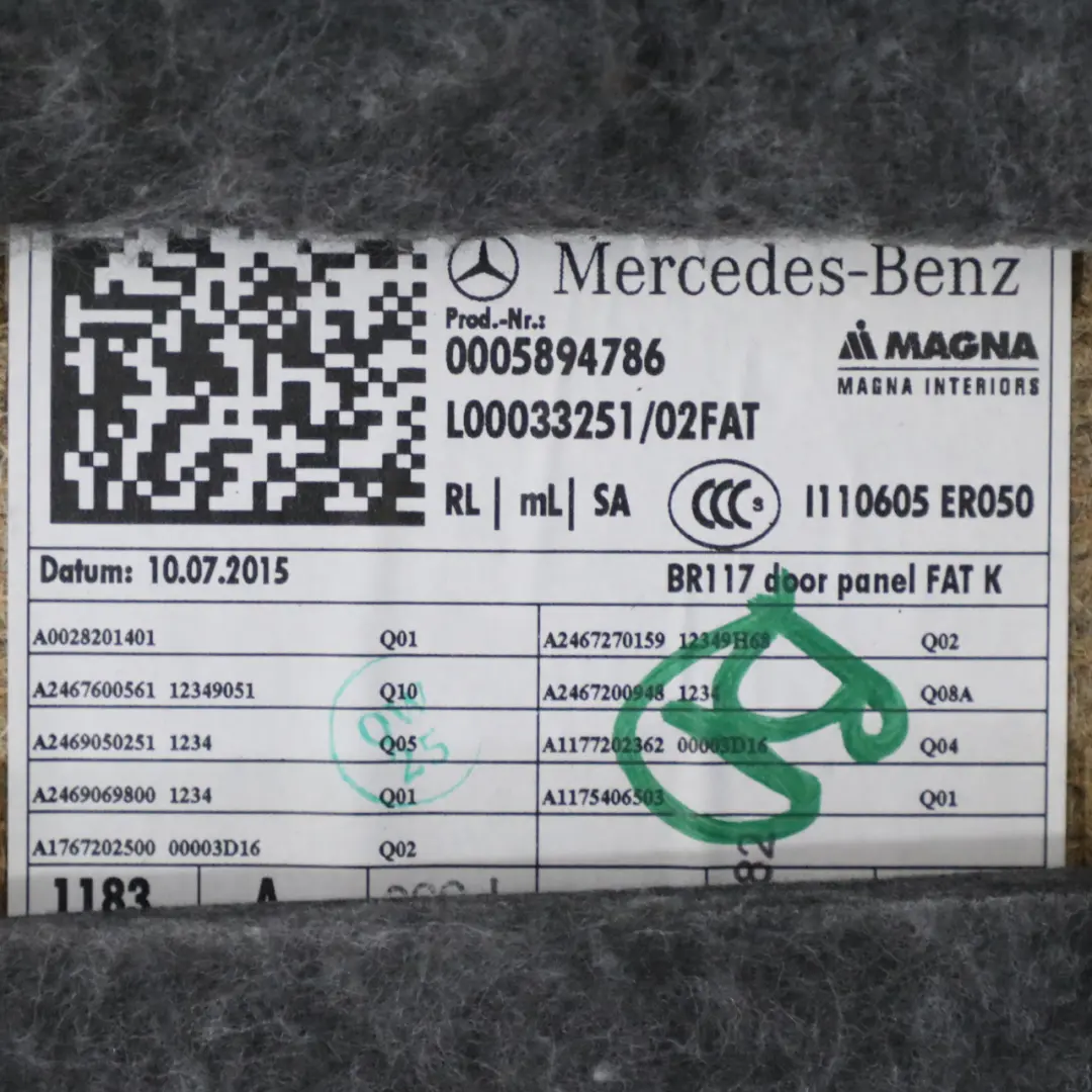 Mercedes CLA C117 Door Card Cover Front Left N/S Trim Panel Black Leather