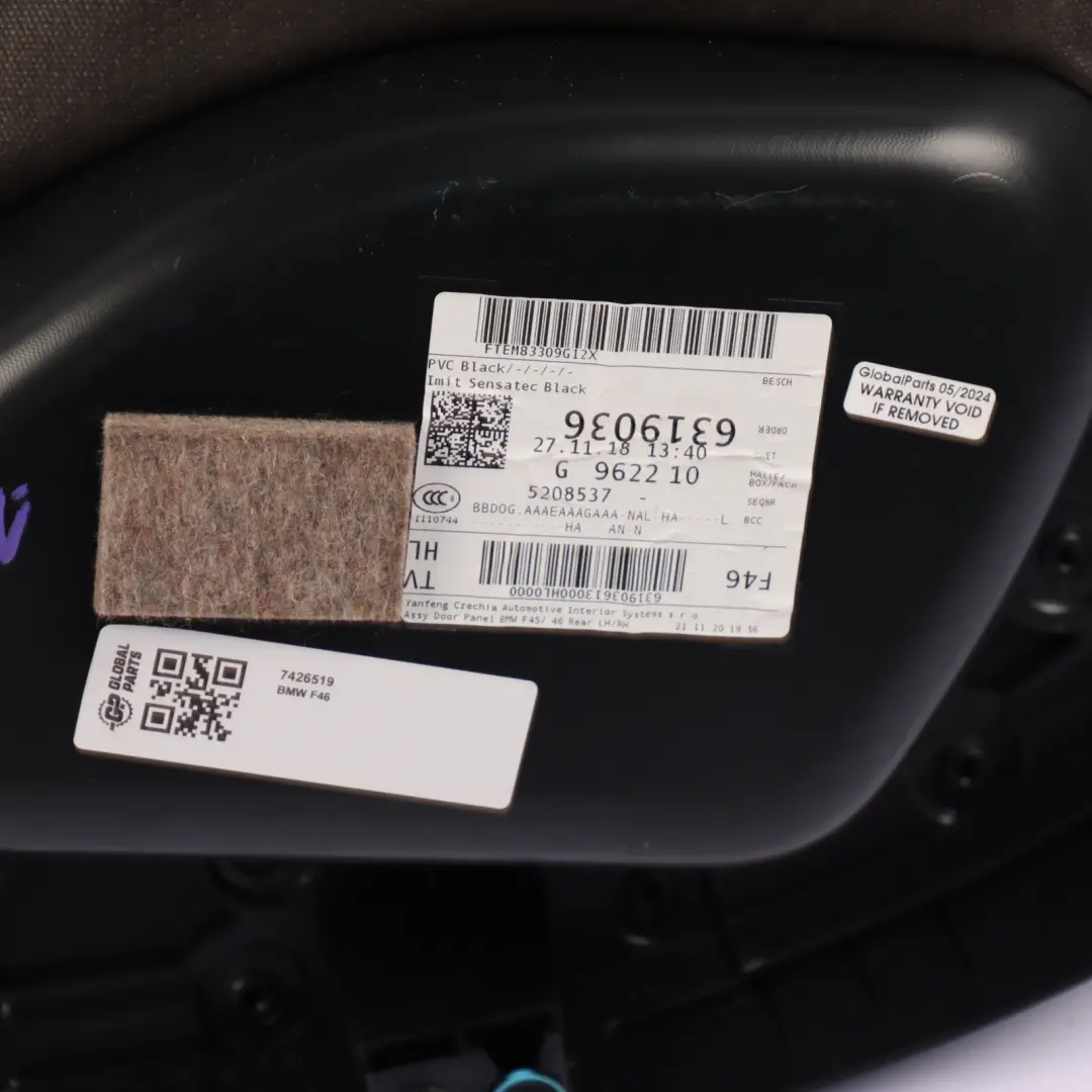 BMW F46 Door Card Rear Left N/S Door Lining Panel Cover Sensatec Black