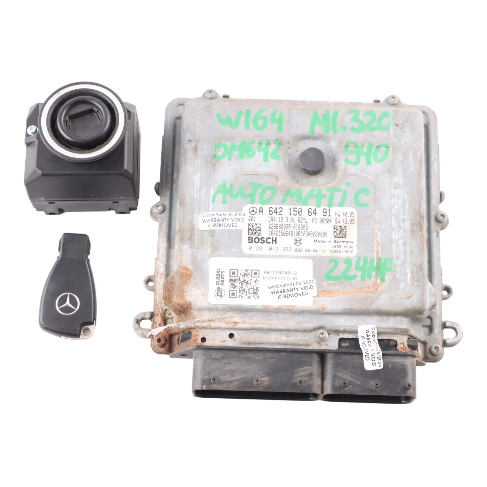 Mercedes W164 ML320 CDI 642.940 224HP Engine Unit ECU Kit A6421506491 Key Lock