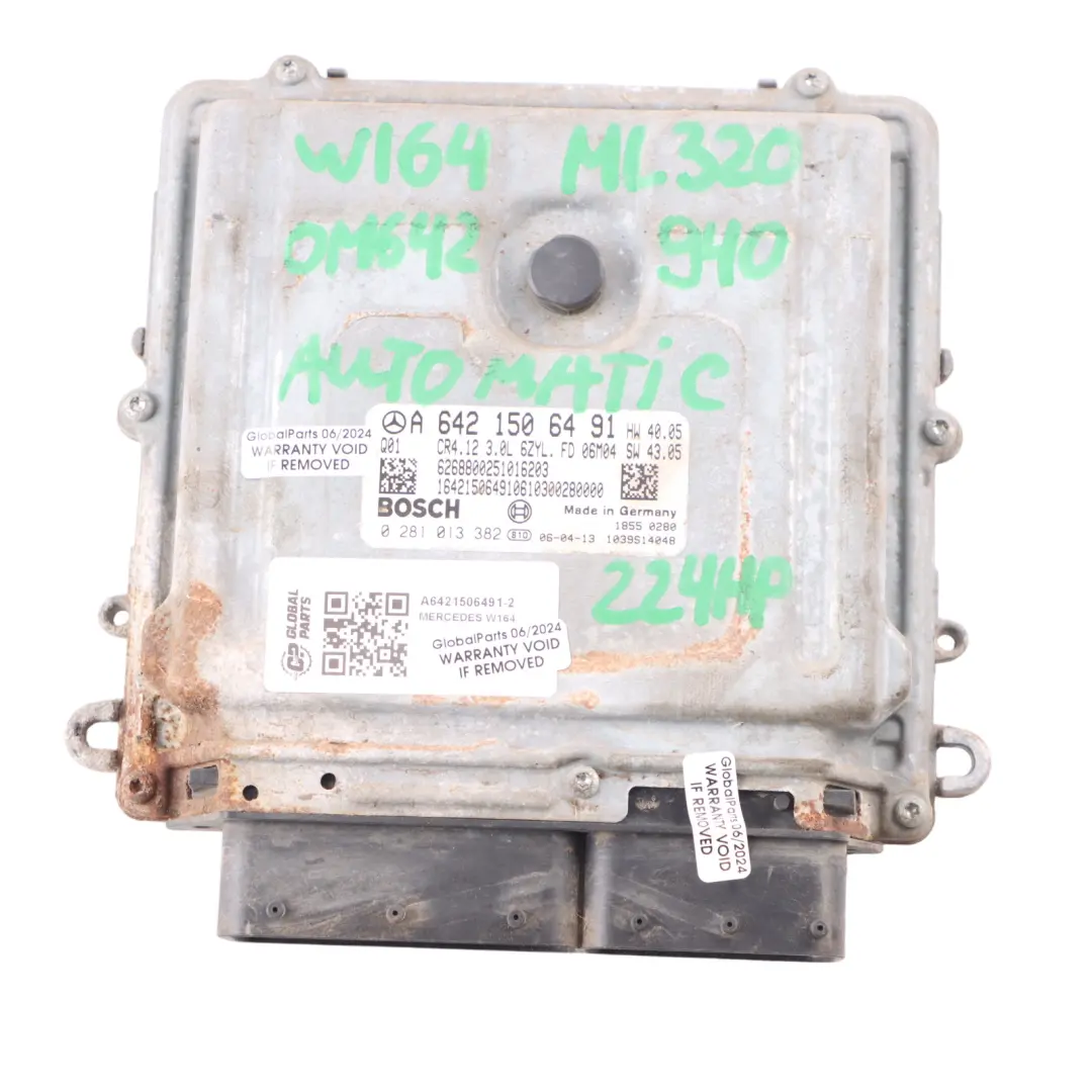 Mercedes W164 ML320 CDI 642.940 224HP Engine Unit ECU Kit A6421506491 Key Lock