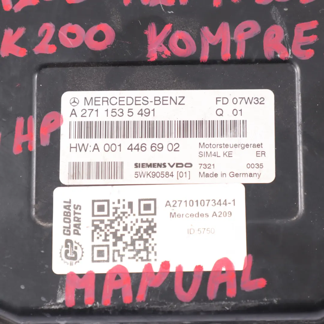 Mercedes A209 CLK200 K M271.955 Komputer Silnika ECU A2710107344 Kluczyk