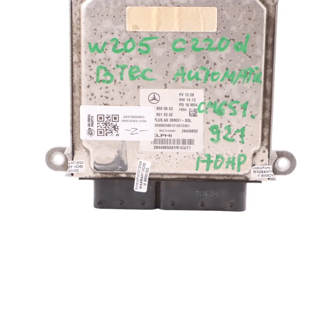 Mercedes W205 220d BlueTec 651.921 170HP Engine Control Unit ECU A6519000603