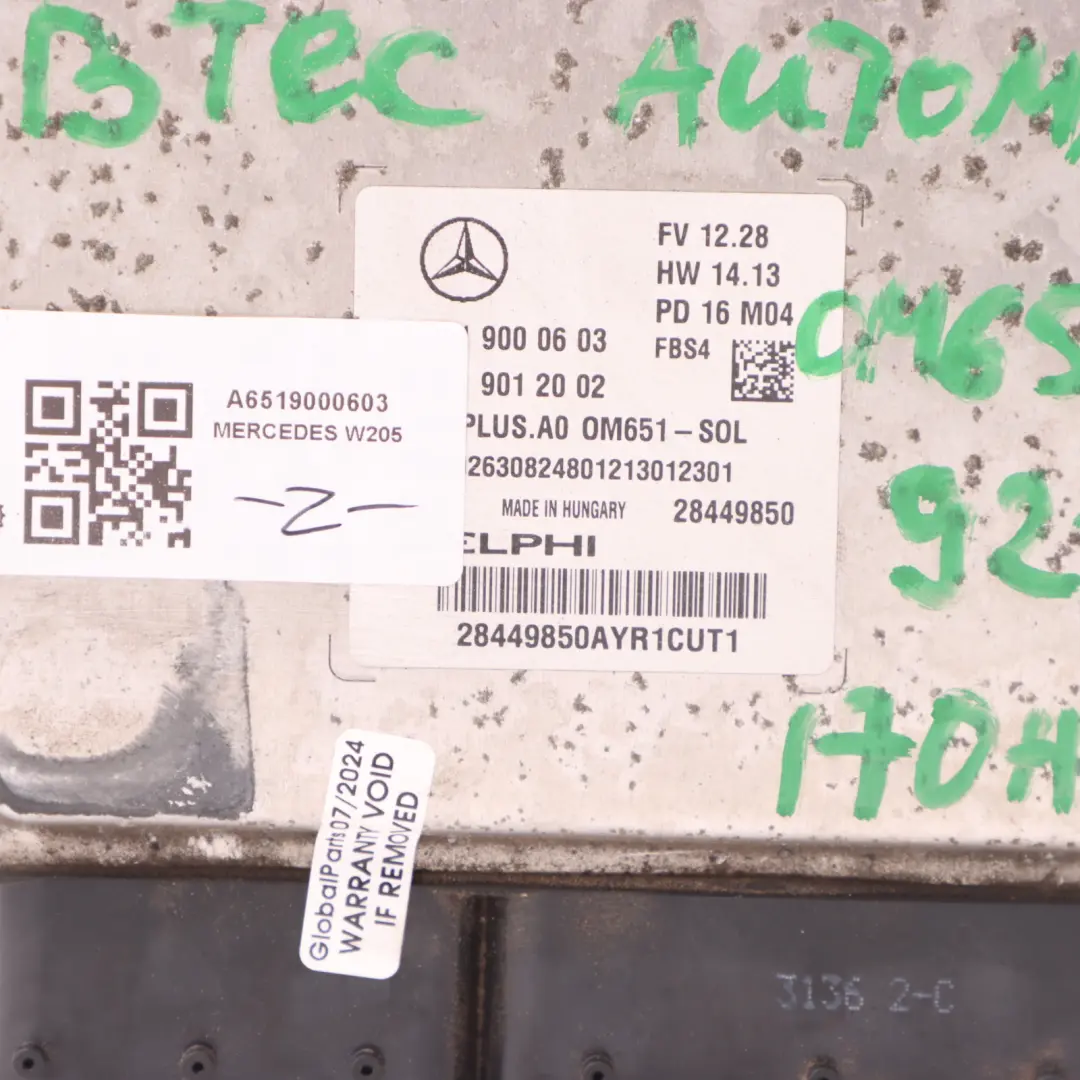 Mercedes W205 220d BlueTec 651.921 170HP Engine Control Unit ECU A6519000603