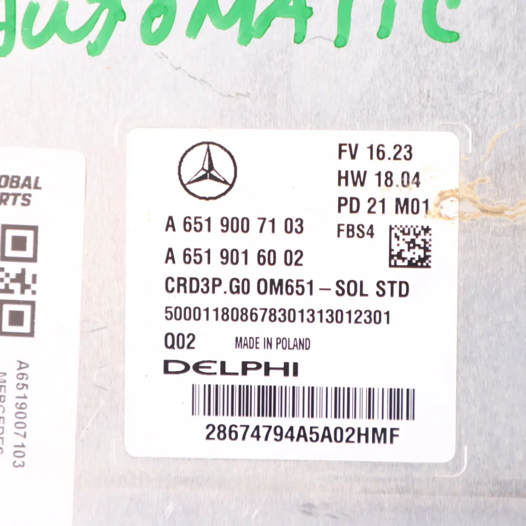 Mercedes W907 314CDI OM651.958 Engine Control Unit ECU A6519007103 Automatic