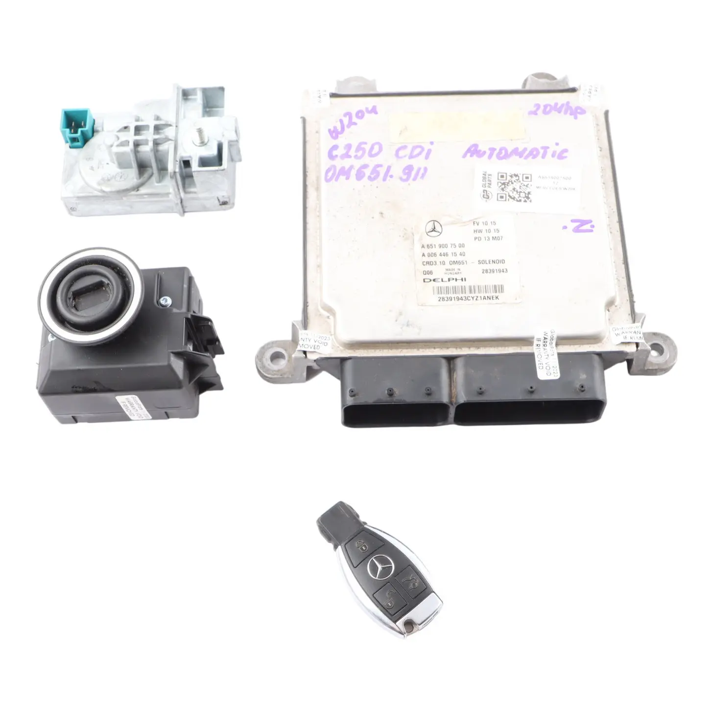 Mercedes W204 C 220 CDI 651.911 Engine Control Unit ECU Kit A6519007500 Key Lock