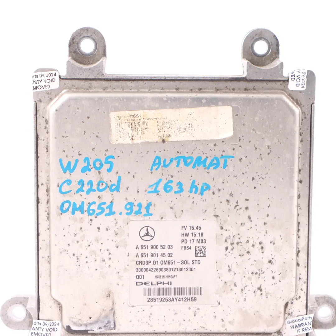 Mercedes W205 C 220d 651.921 163HP Engine Control Unit ECU A6519005203 Automatic