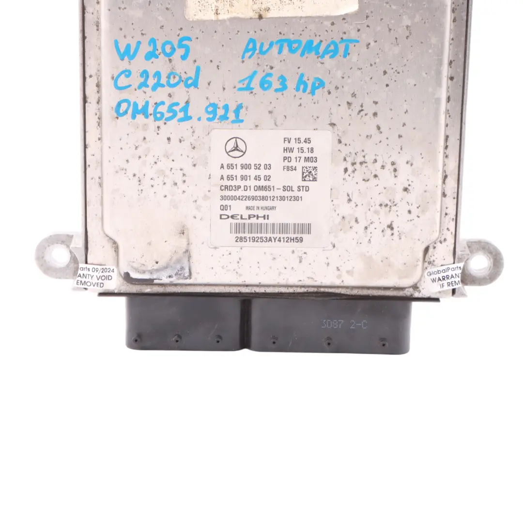 Mercedes W205 C 220d 651.921 163HP Engine Control Unit ECU A6519005203 Automatic