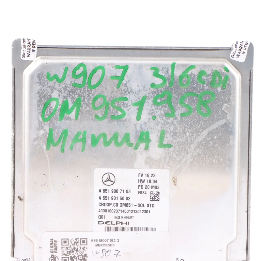 Mercedes W907 316CDI 163HP OM651.958 Engine Control Unit ECU A6519007103 Manual