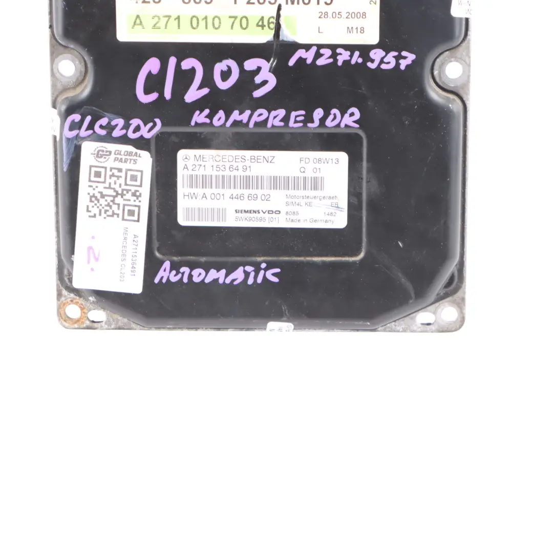 Mercedes CL203 CLC200K M271.957 Engine Control Unit Module ECU A2711536491
