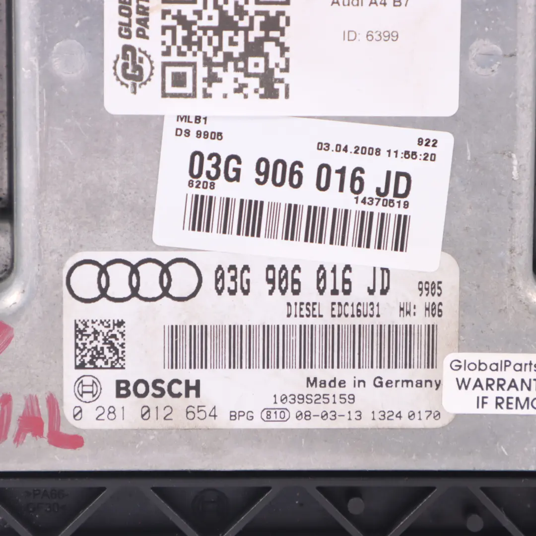 Audi A4 B7 2.0 TDI Diesel Unidad Control del Motor Módulo ECU Manual 03G906016JD