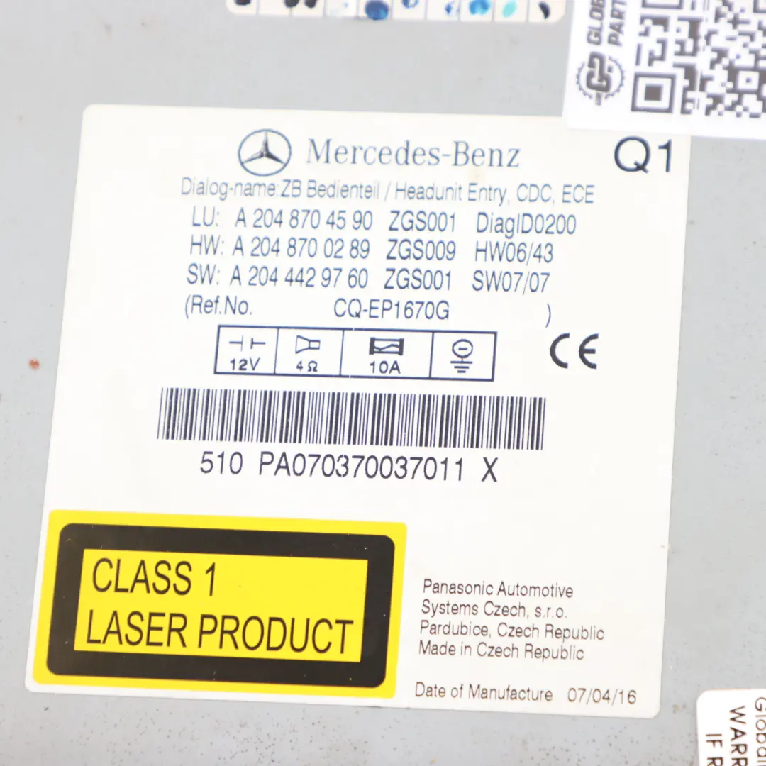 Mercedes-Benz C-Class W204 CD Media Player Radio Audio 20 Phone A2048704590