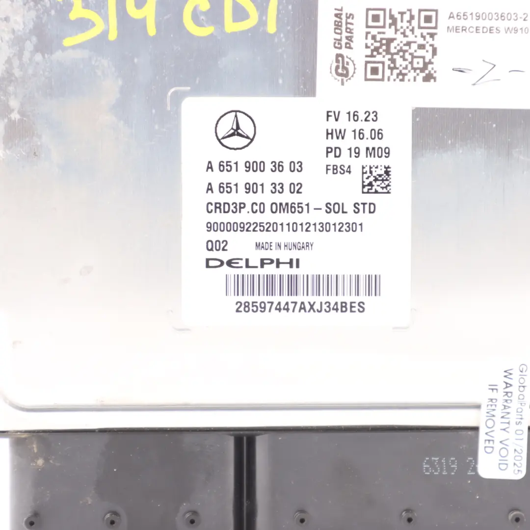 Mercedes Sprinter W910 314 CDI OM651.958 143HP Engine Unit ECU A6519003603