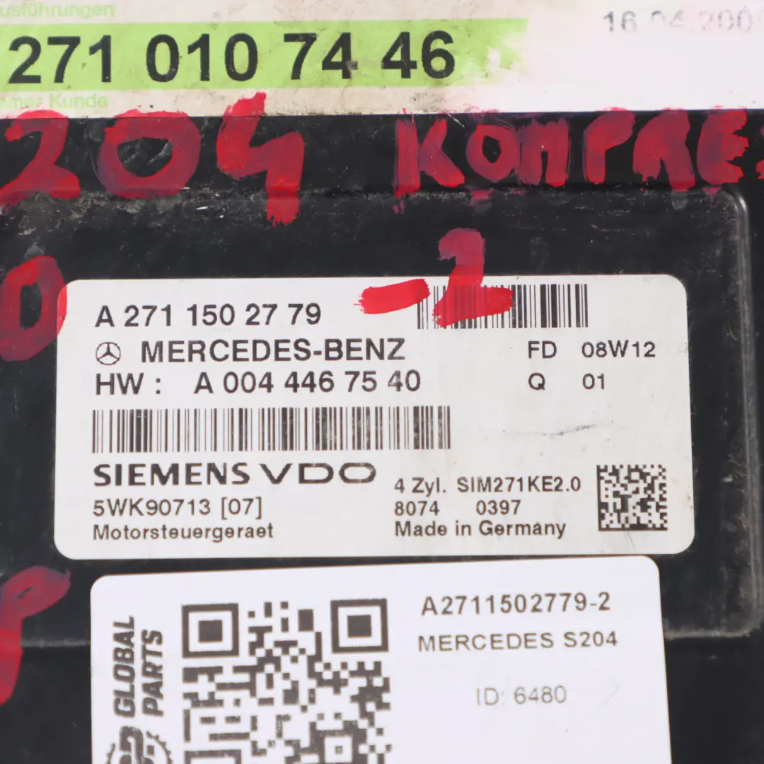 Kit de ECU motor Kompressor M271.952 Mercedes W204 C180 156HP Llave A2711502779