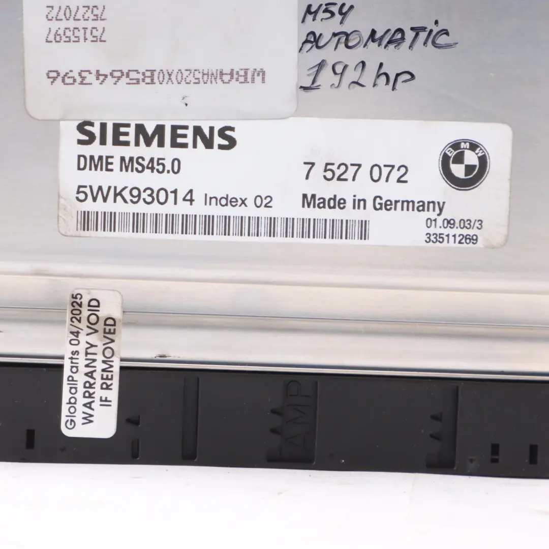 BMW E60 E61 E65 530i 730i M54 192HP Engine Control Unit DME 7527072 Automatic