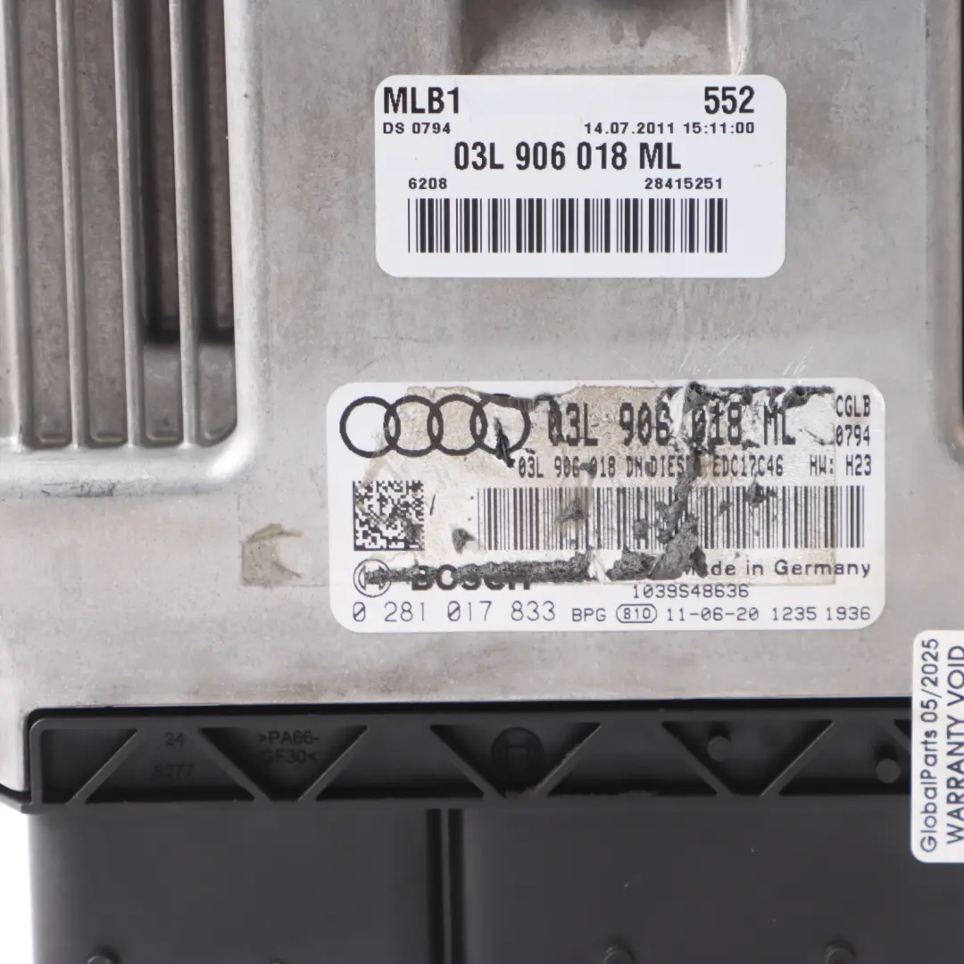 Audi Q5 8R CGLB 2.0 TDI 170HP Quattro Engine Control ECU Kit 03L906018ML Manual