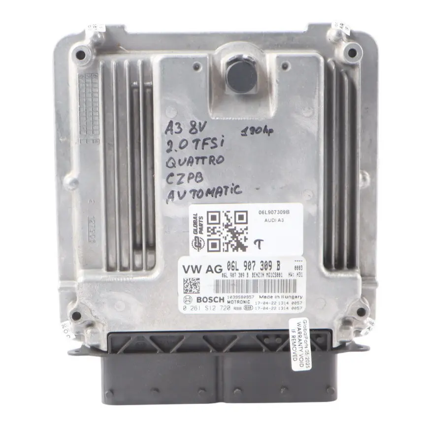 Audi A3 8V 2.0 TFSI Quattro CZPB 190HP Engine Control ECU 06L907309B Automatic