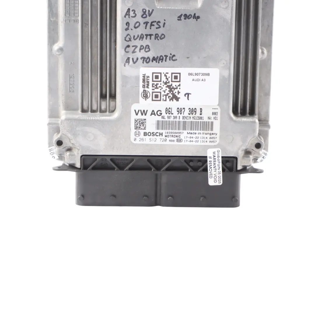 Audi A3 8V 2.0 TFSI Quattro CZPB 190HP Engine Control ECU 06L907309B Automatic