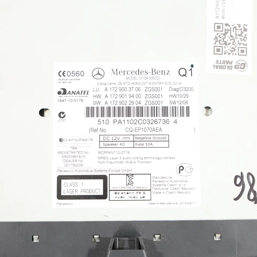 Mercedes SLK R172 Radio Lettore CD Navigatore Satellitare Principale A1729006609