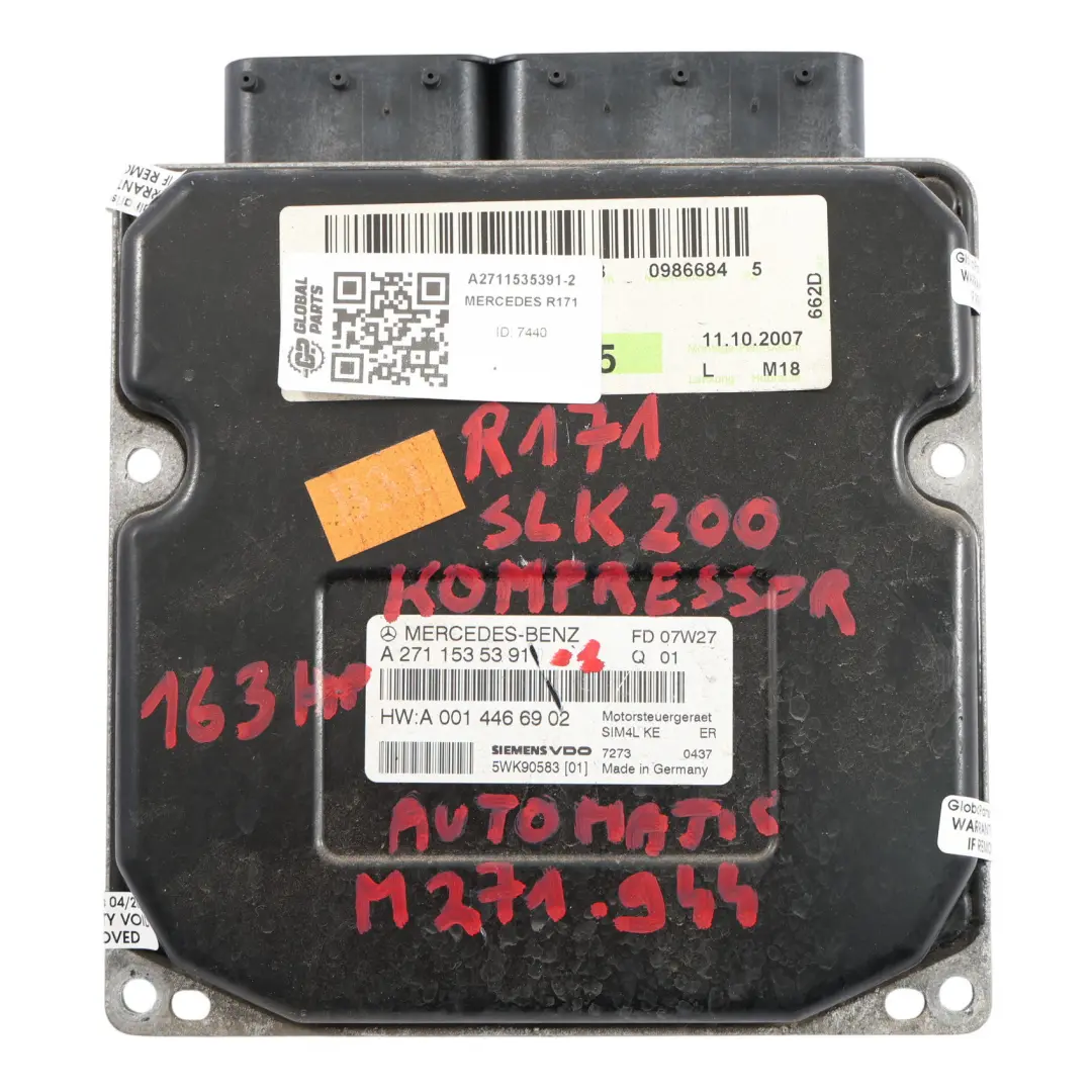 Mercedes R171 SLK 200K 184HP M271.944 Engine ECU Kit A2711535391 Key Lock