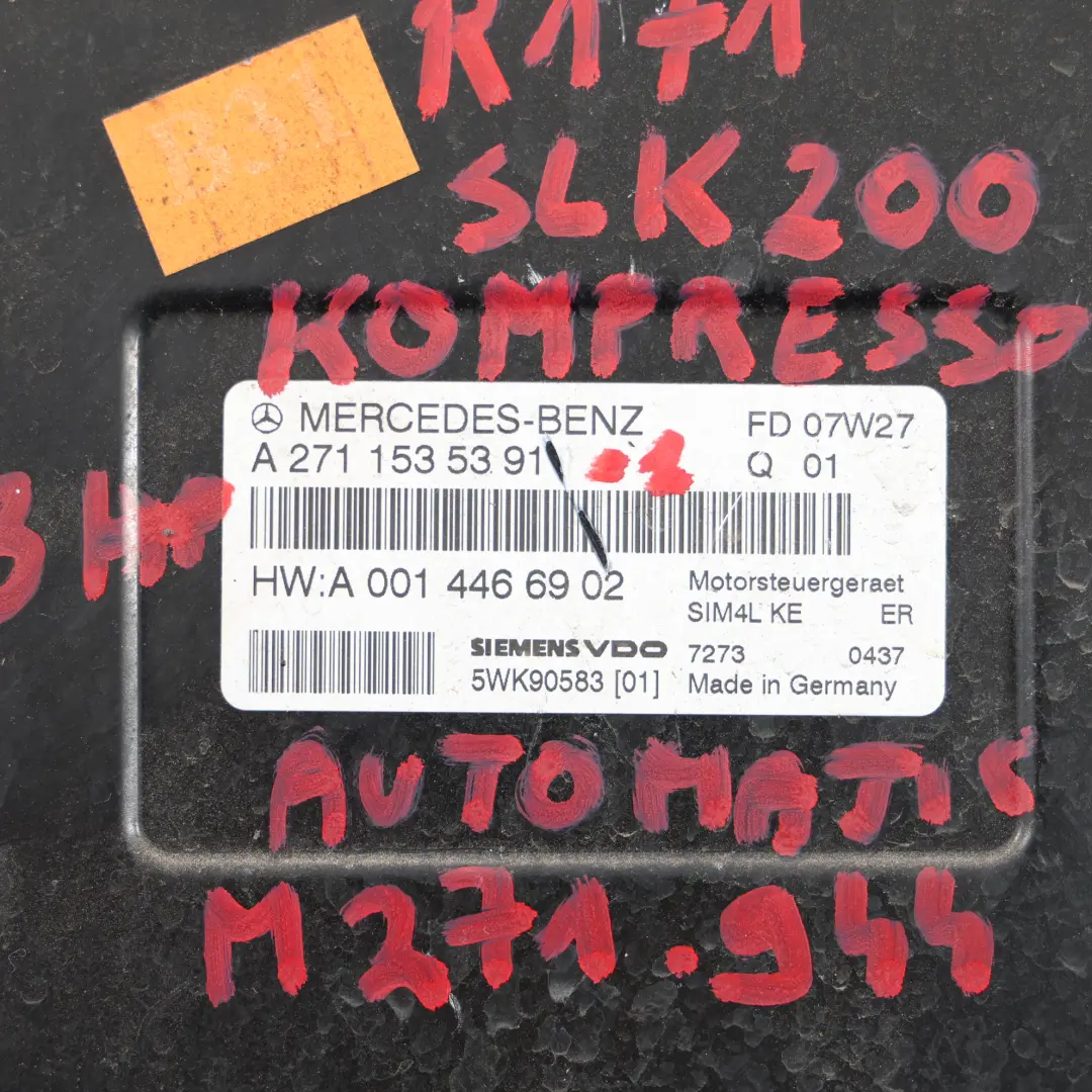 Mercedes R171 SLK 200K 184HP M271.944 Engine ECU Kit A2711535391 Key Lock