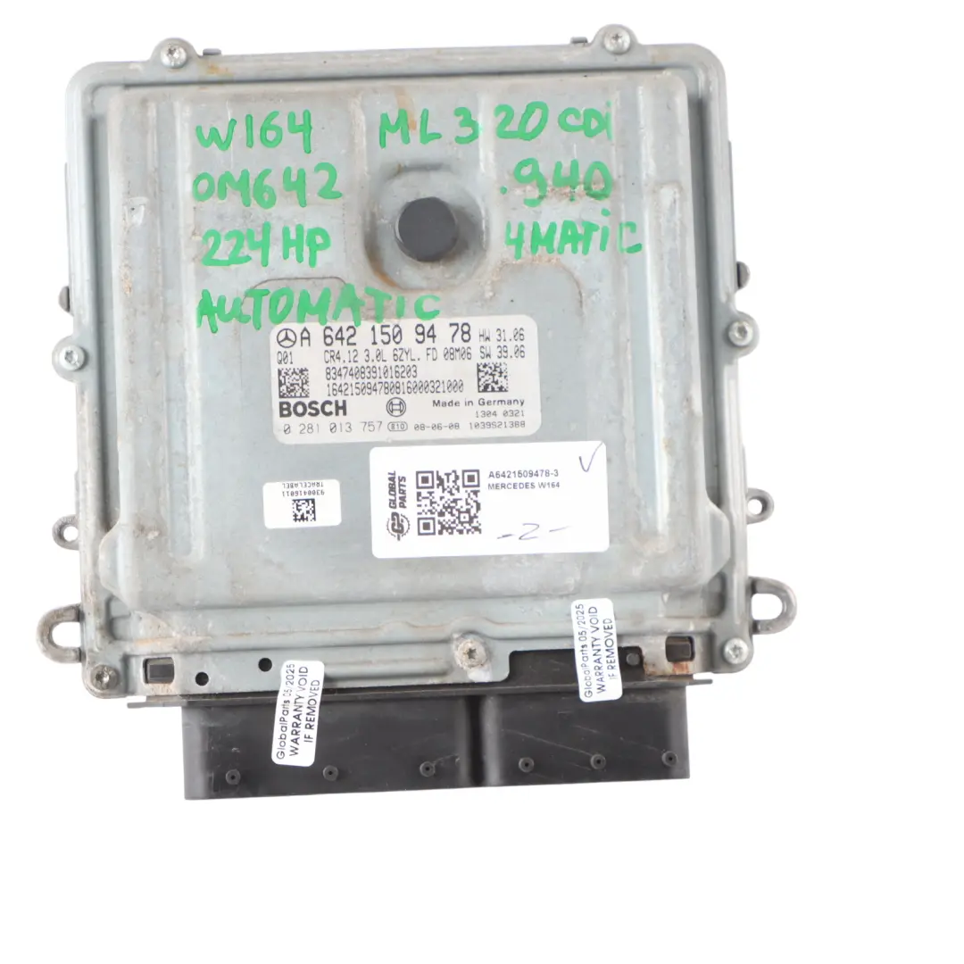 Mercedes ML320 W164 4Matic OM642.940 Engine ECU Kit Ignition + Key A6421509478