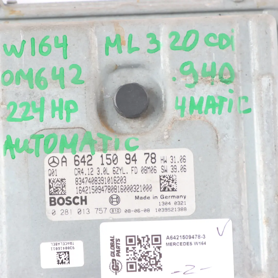 Mercedes ML320 W164 4Matic OM642.940 Engine ECU Kit Ignition + Key A6421509478