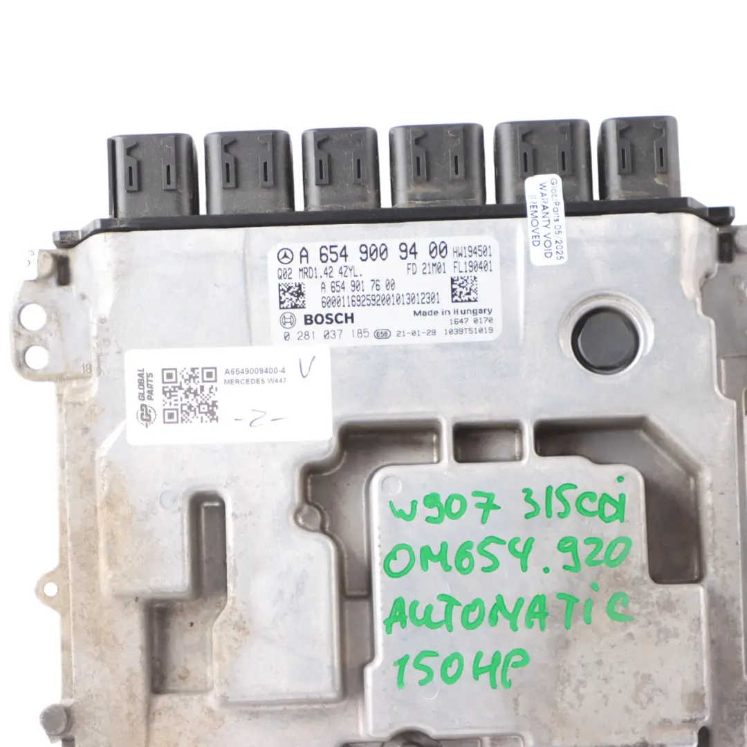 Mercedes W447 W907 W910 150HP OM654.920 Engine Control Module ECU A6549009400