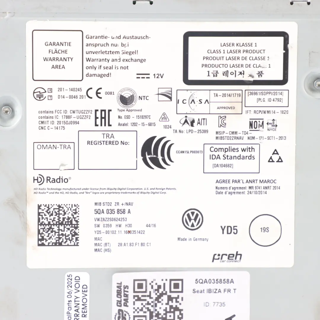 Multimedia Radio Sat Nav CD Player Head Unit Seat Ibiza IV - SKU 5QA035858A - Part number 5QA035858A