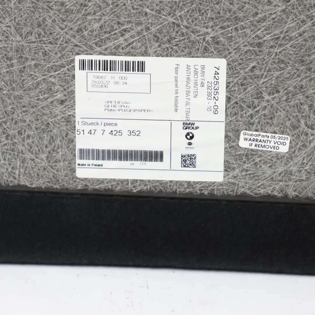BMW X1 F48 Mounting Trunk Floor Trim Panel Luggage Compartment 7425352