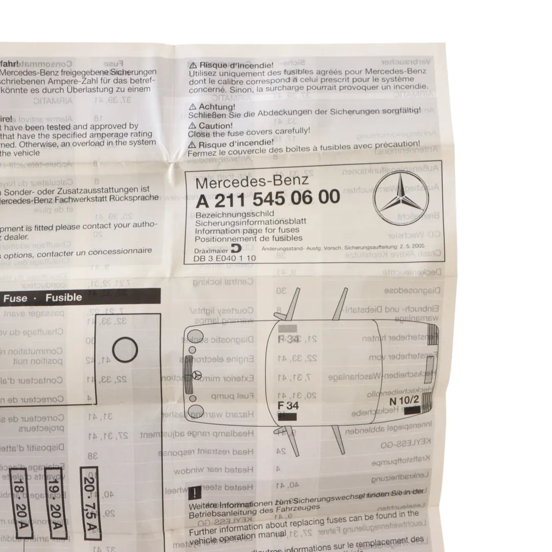 Fuse Information Sheet Mercedes C219 S211 W11 Listing A2115450600 