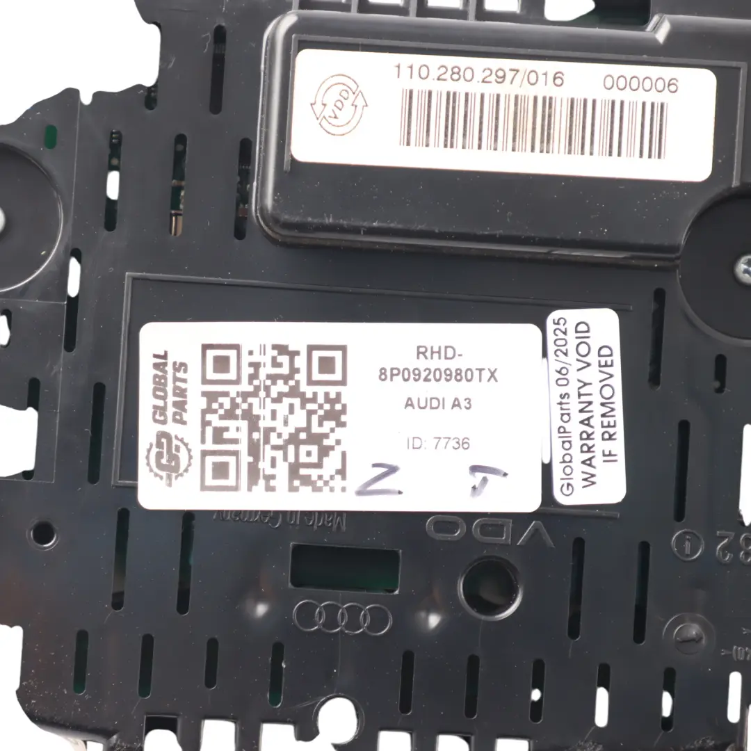 Instrument Cluster Speedometer Cluster Manual Audi A3 8P Petrol - SKU RHD-8P0920980TX - Part number 8P0920980TX