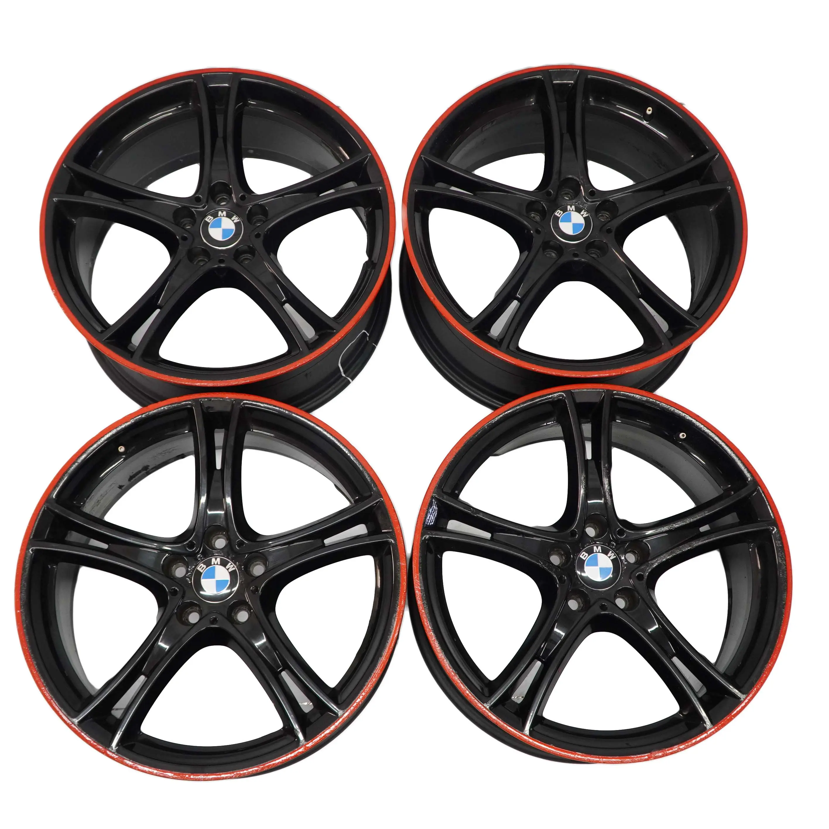 BMW F30 F31 F32 Complete Set 4x Black Wheel Rim 20" Red Strip Double Spoke 361