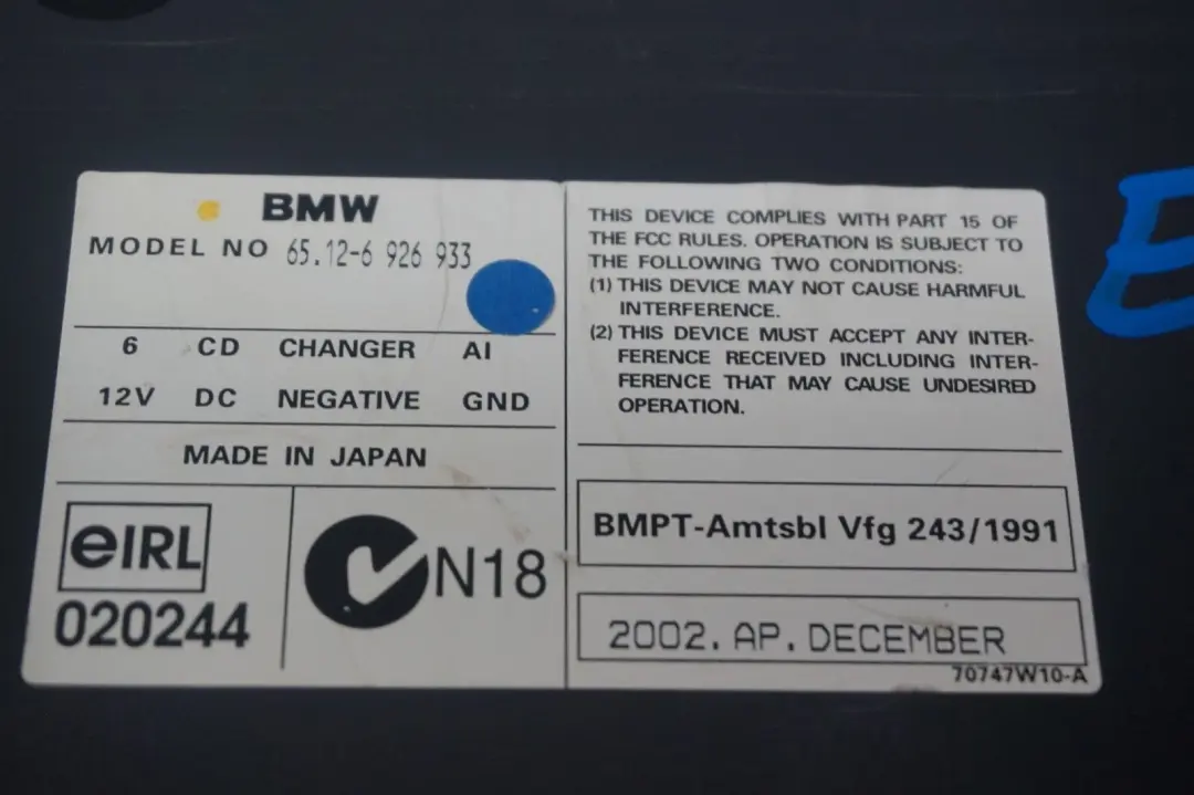 6-fold CD Changer Multichanger with Magazine BMW 7 Series E65 E66 - SKU 6926933 - Part number 6926933