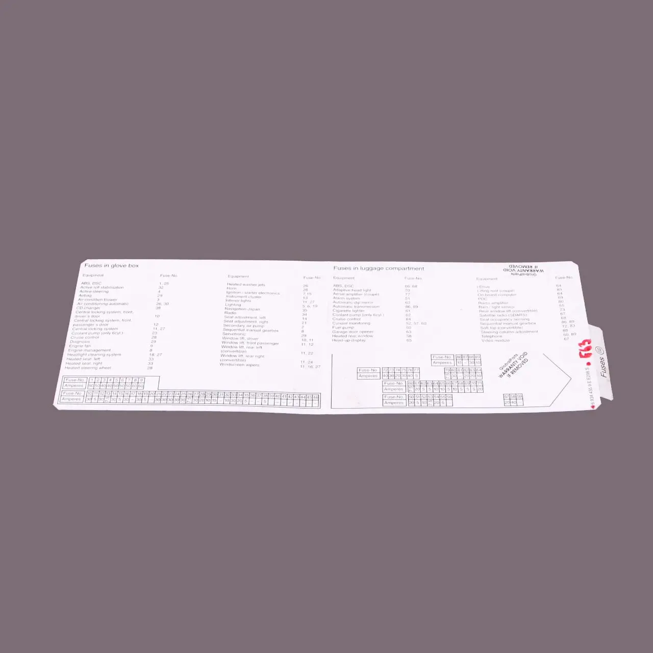 BMW 6 Series E63 E64 Map Card Fuse Box Grouping Diagram 6934435