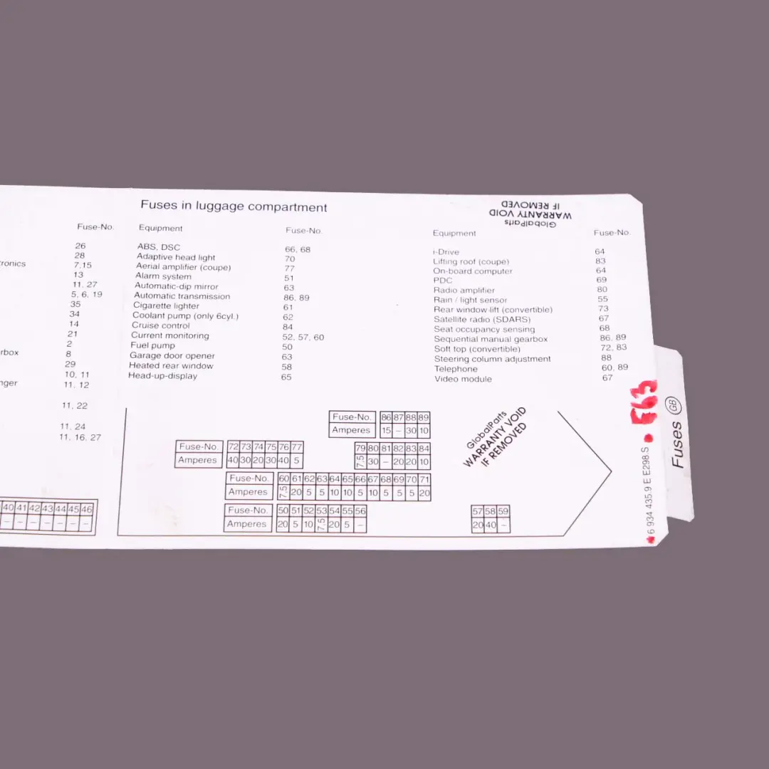 BMW 6 Series E63 E64 Map Card Fuse Box Grouping Diagram 6934435