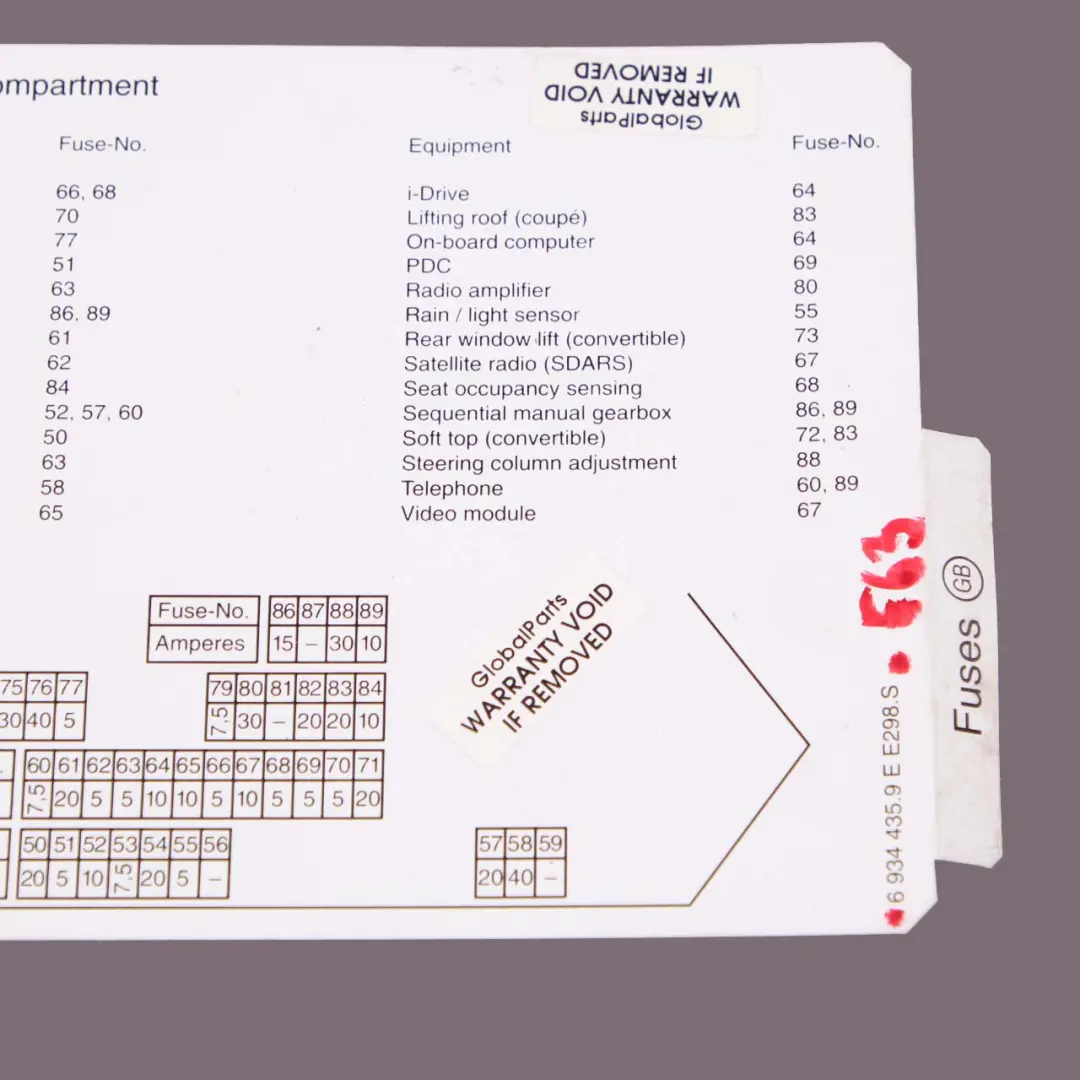 BMW 6 Series E63 E64 Map Card Fuse Box Grouping Diagram 6934435
