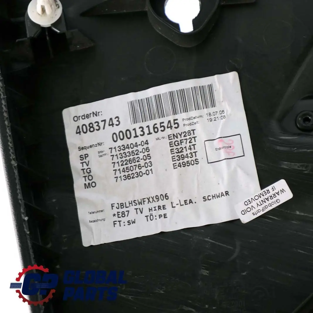 BMW 1 Series E87 Rear Right O/S Door Card Trim Panel Black Leather Boston