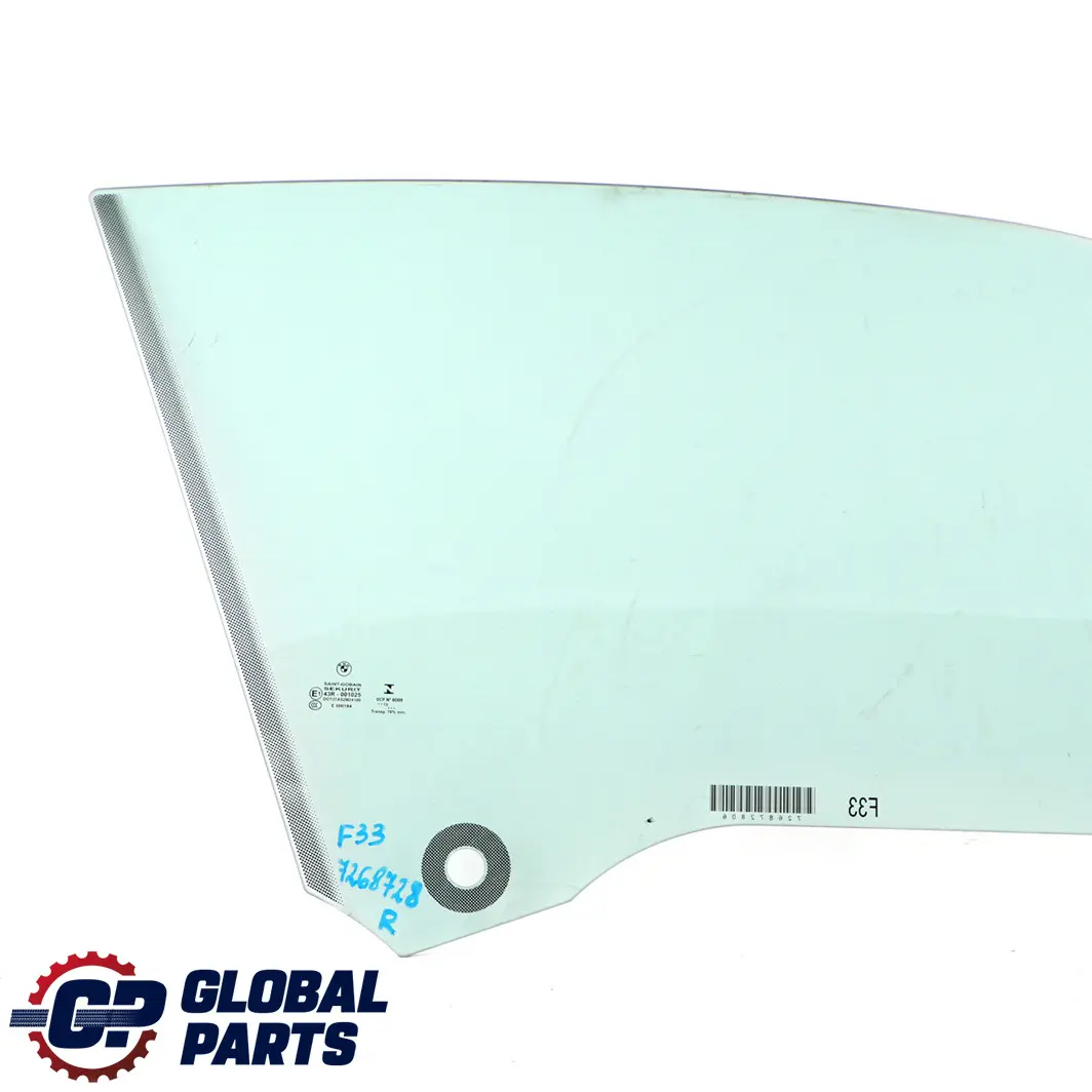 BMW 4 Series F33 F83 M4 Front Right O/S Door Window Glass AS2 7268728