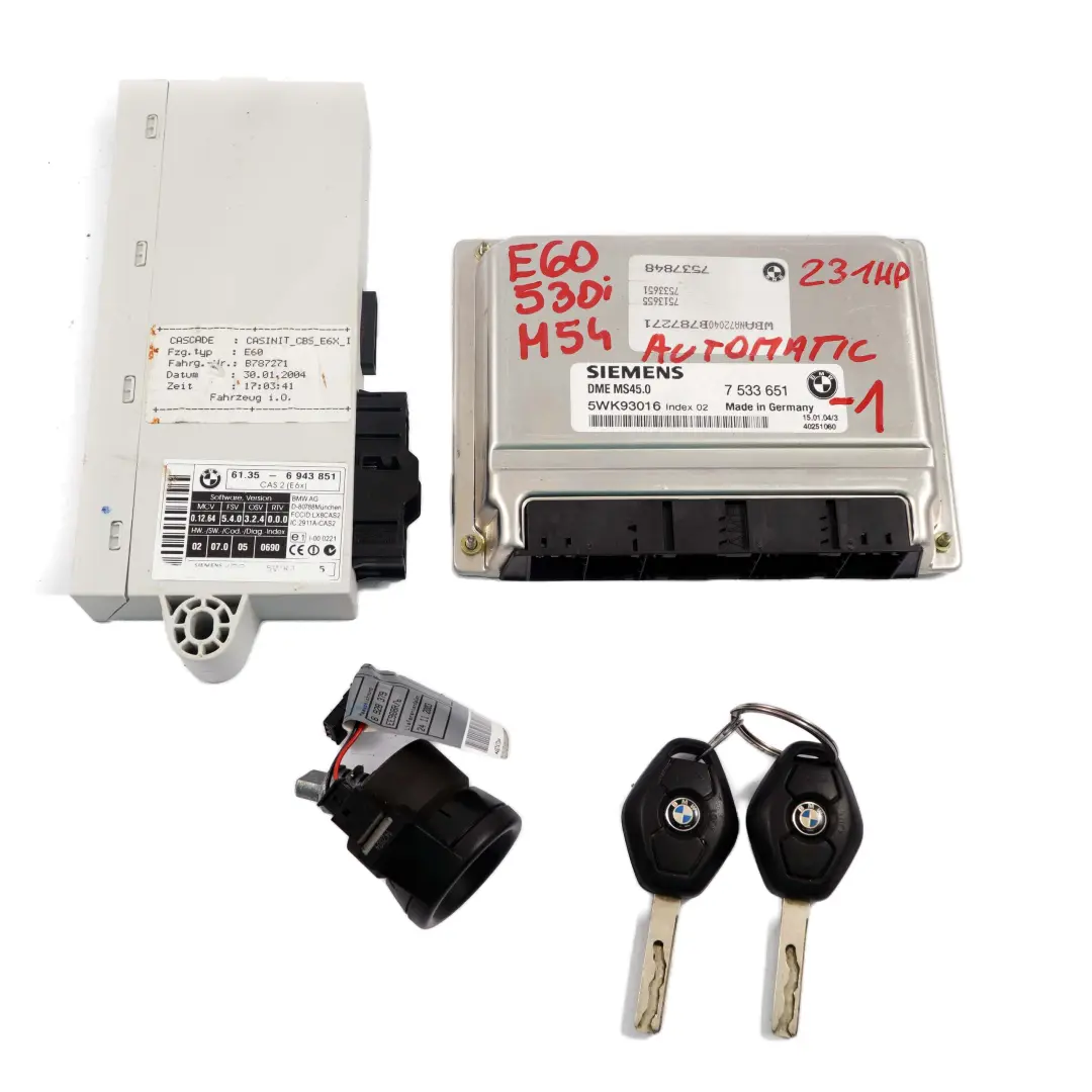 BMW E60 E61 530i M54 231HP ECU Kit DME 7533651 + CAS2 + 2 Keys Automatic