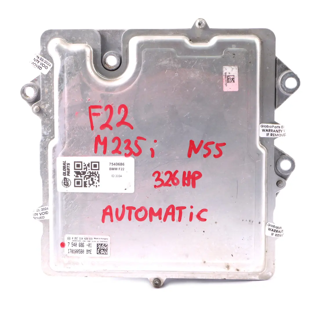 BMW F20 M135i F30 335i N55 326HP Motor ECU DME 7540686 Automático