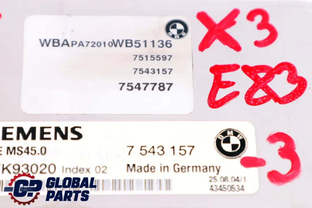 BMW X3 er E83 2.5i M54 192PS ECU Steuergerät 7543157 DME EWS3 + Schlüssel