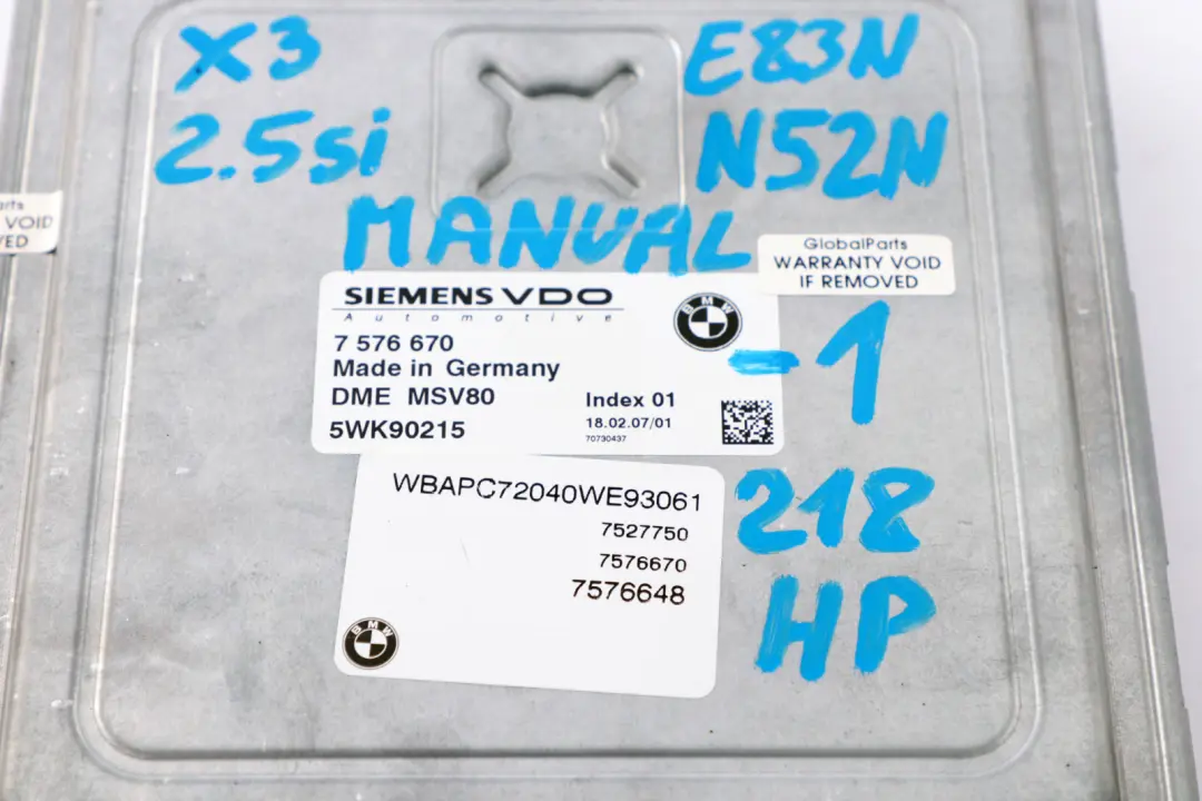 BMW X3 Series E83 2.5si N52N 218HP Engine ECU Kit DME + Key 7576670 Manual