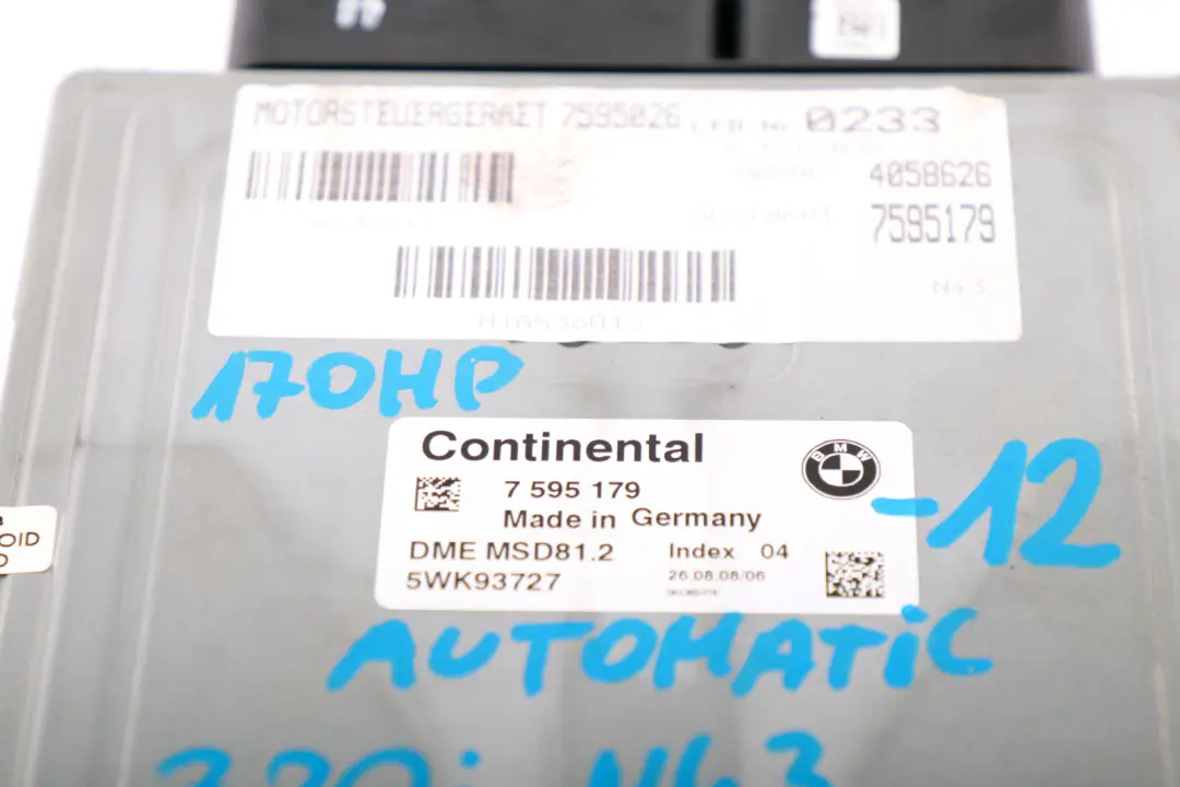 ECU Kit N43 DME CAS3 Key BMW 1 3 Series E87 LCI E90 120i 320i Petrol - SKU 7595179-12 - Part number 7595179