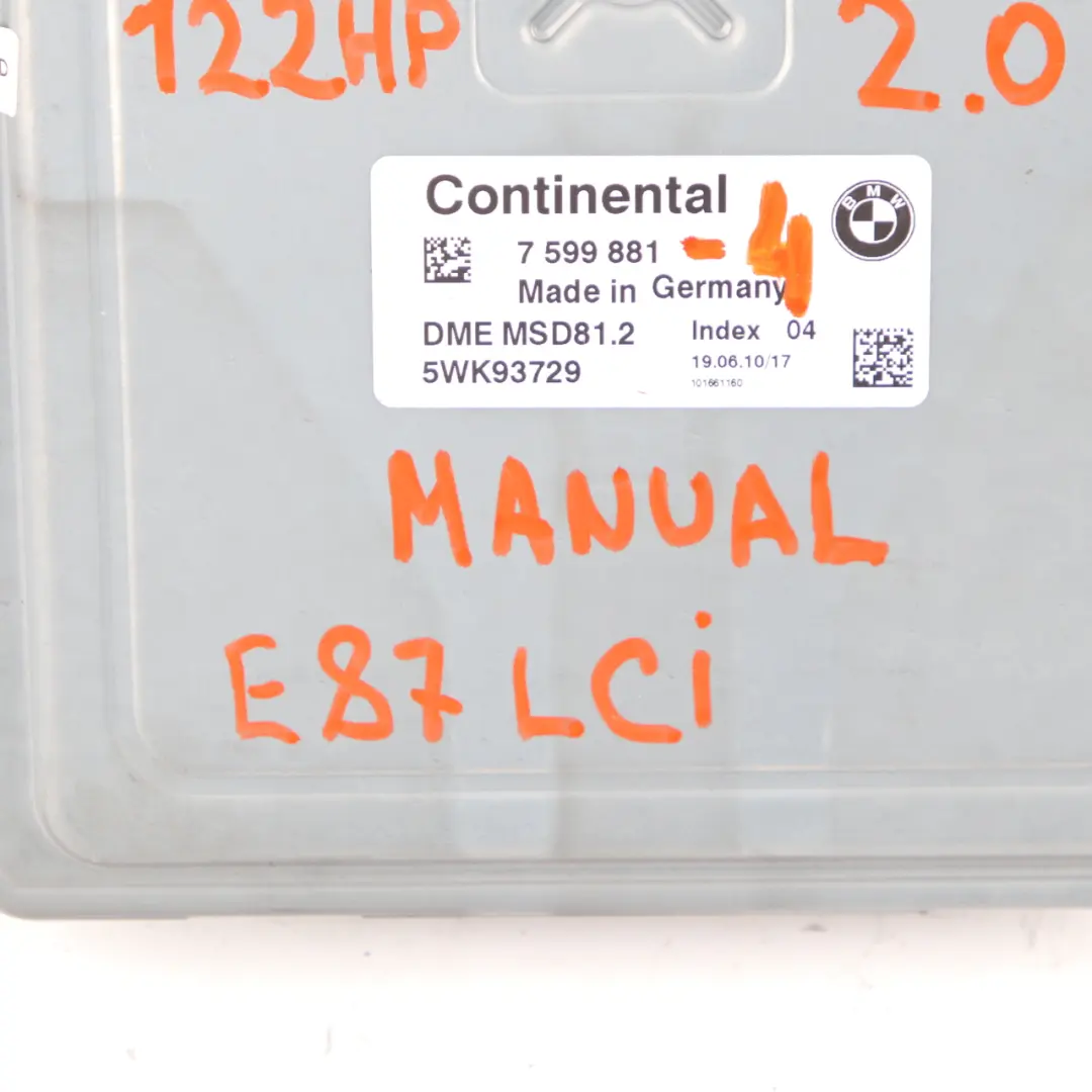 BMW E87 LCI 116i 2.0 Motor Gasolina N43 Kit ECU DME 7599881 CAS3 Clave Manual