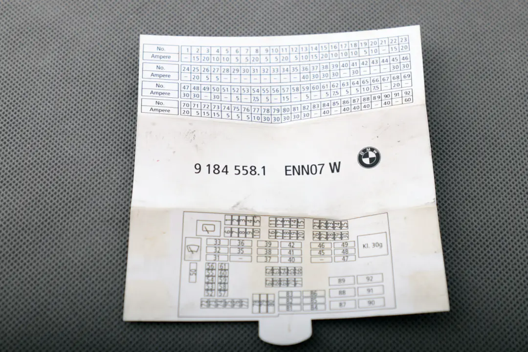 BMW Z4 Series E89 Map Fuse Card Grouping Fuce Location 9184558