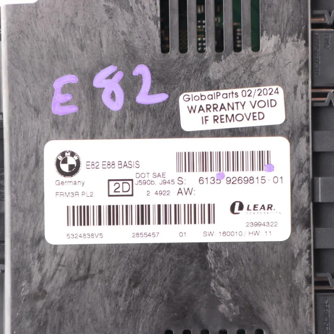 BMW E82 Light Control Footwell Module ECU Basis FRM3R PL2 Lear 9269815