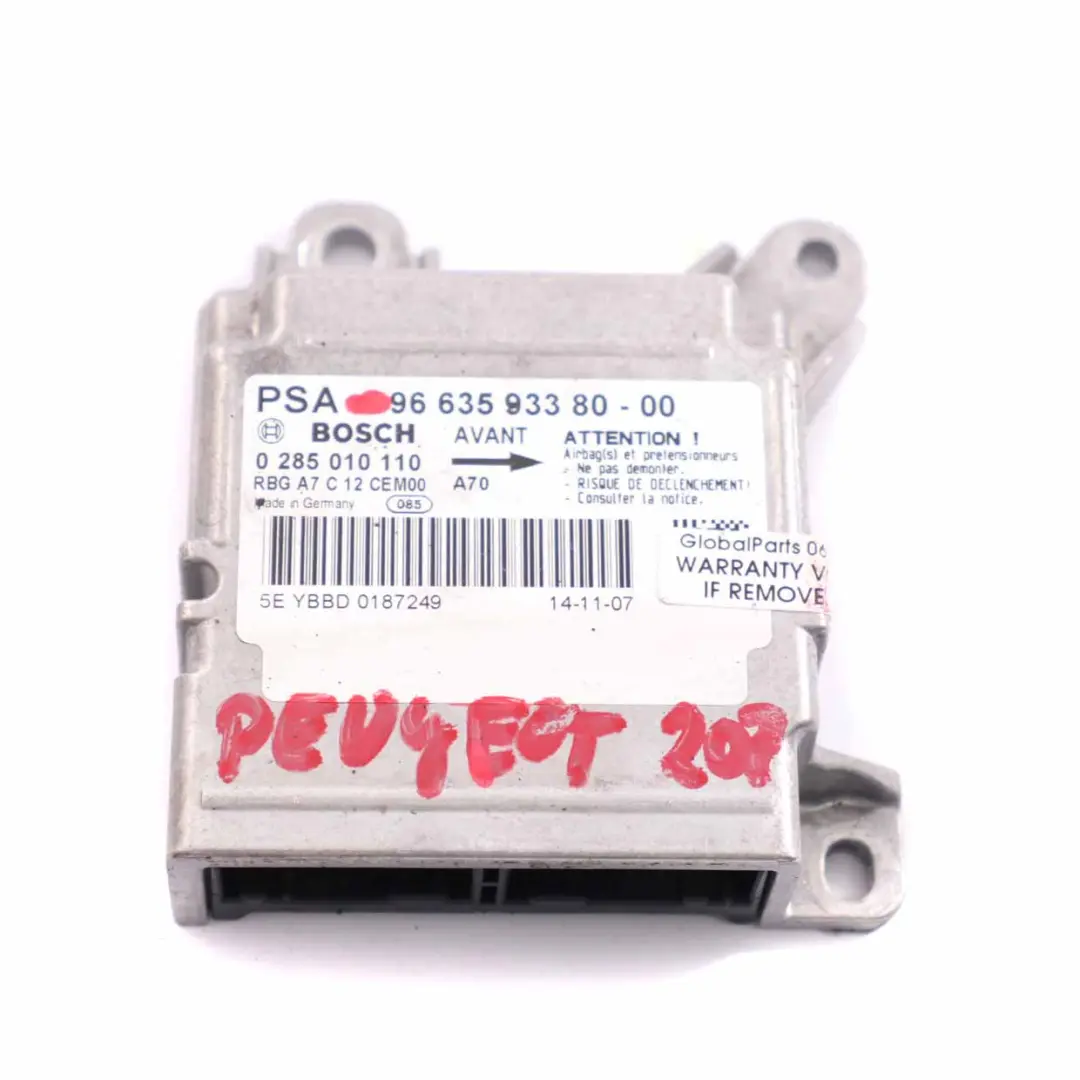 Peugeot 207 Airbag Modul ECU Steuergerät Sensor Air Bag 9663593380