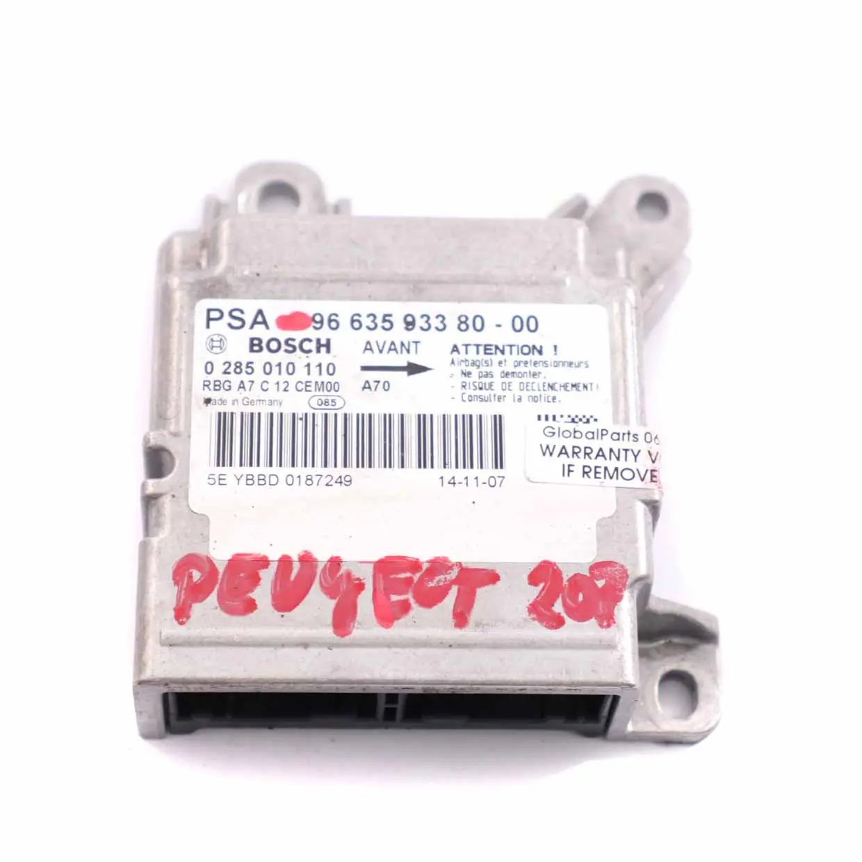 Peugeot 207 Airbag Módulo ECU Unidad Control Sensor Air Bag 9663593380