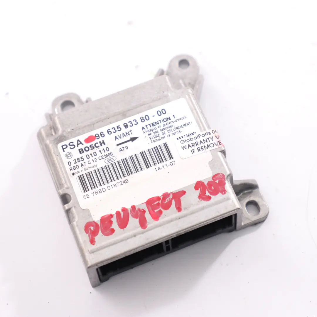 Peugeot 207 Airbag Modul ECU Steuergerät Sensor Air Bag 9663593380