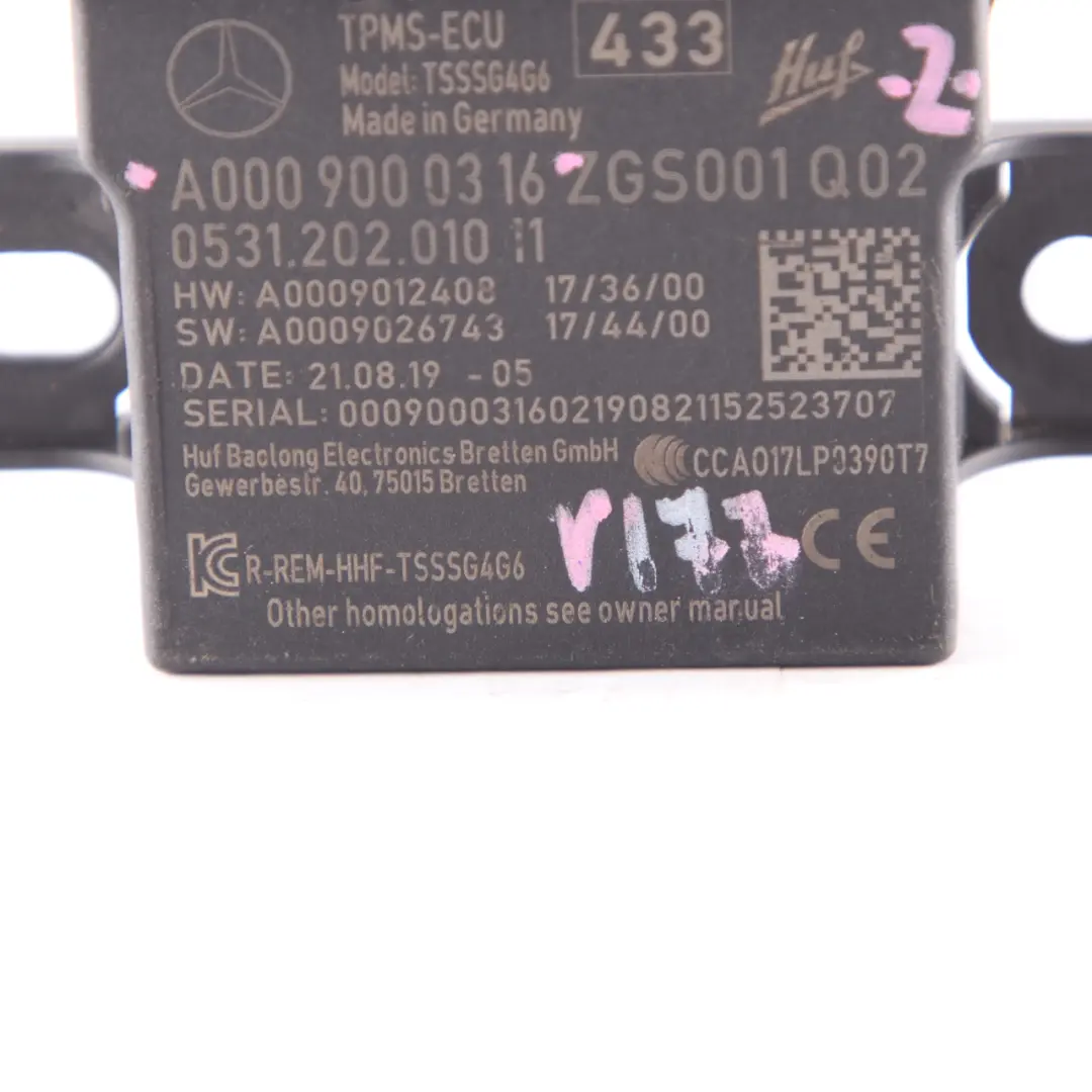 Mercedes W177 W247 Sensor presión neumáticos Módulo Unidad TPMS ECU A0009000316